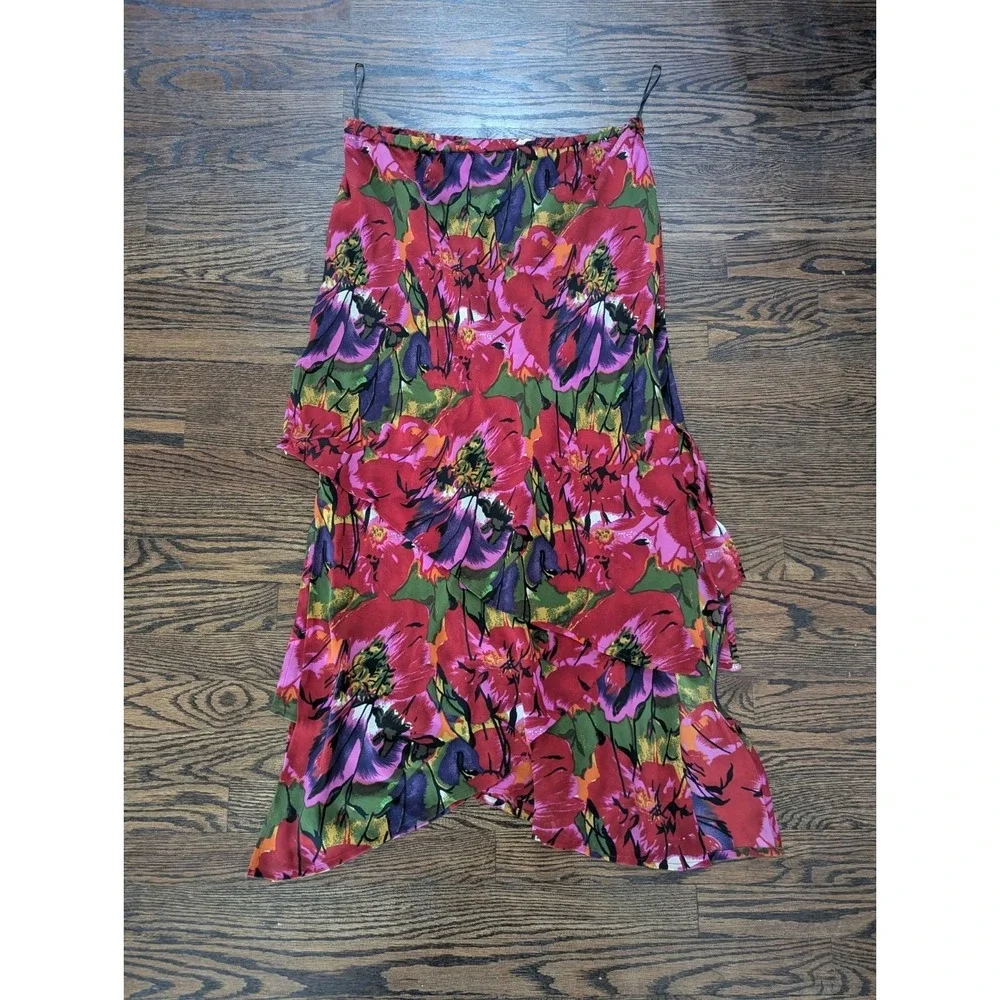 CHICO'S Design Vintage 100% Silk Pull On Midi Skirt Size 3 XL Asymmetrical Boho